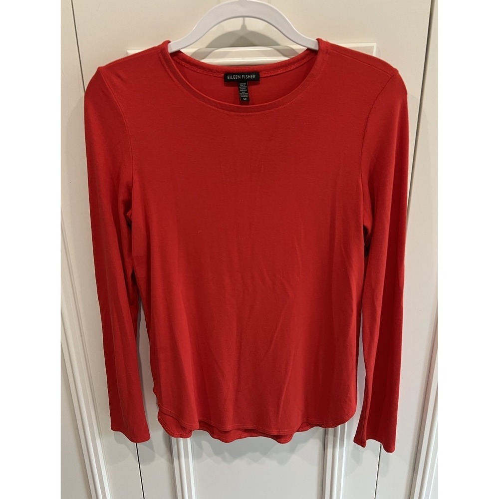 Eileen Fisher Tomato Red Long Sleeve T Shirt Size Small Stretchy Basic Round Hem